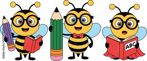 Little bee back to school collection. Cartoon honey bee education theme with holding book, pencil and globe character illustration Pro Vector
