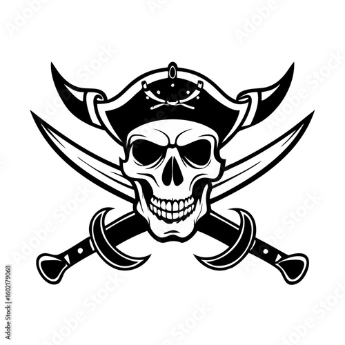 Pirate skull with two sabre graphic logo design 