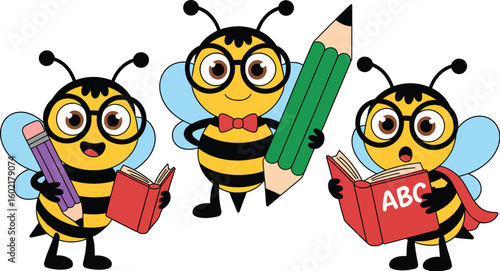 Little bee back to school collection. Cartoon honey bee education theme with holding book, pencil and globe character illustration Pro Vector
