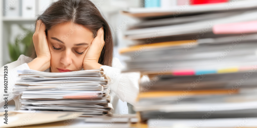 Exhausted woman grappling with stress in cluttered workspace surrounded by documents Exhausted woman grappling with stress in cluttered workspace surrounded by documents