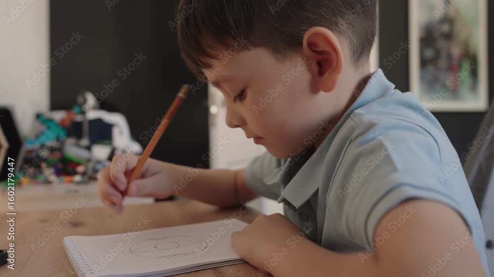 A young boy is fully immersed in drawing a picture at his desk, showcasing creativity and childhood imagination.