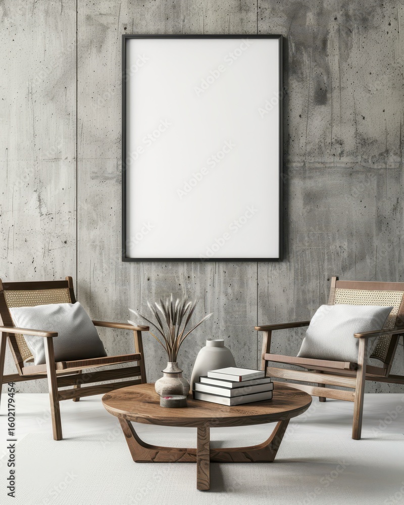 Fototapeta premium Two chairs with pillows and a round table in a room with a concrete wall and a blank picture frame