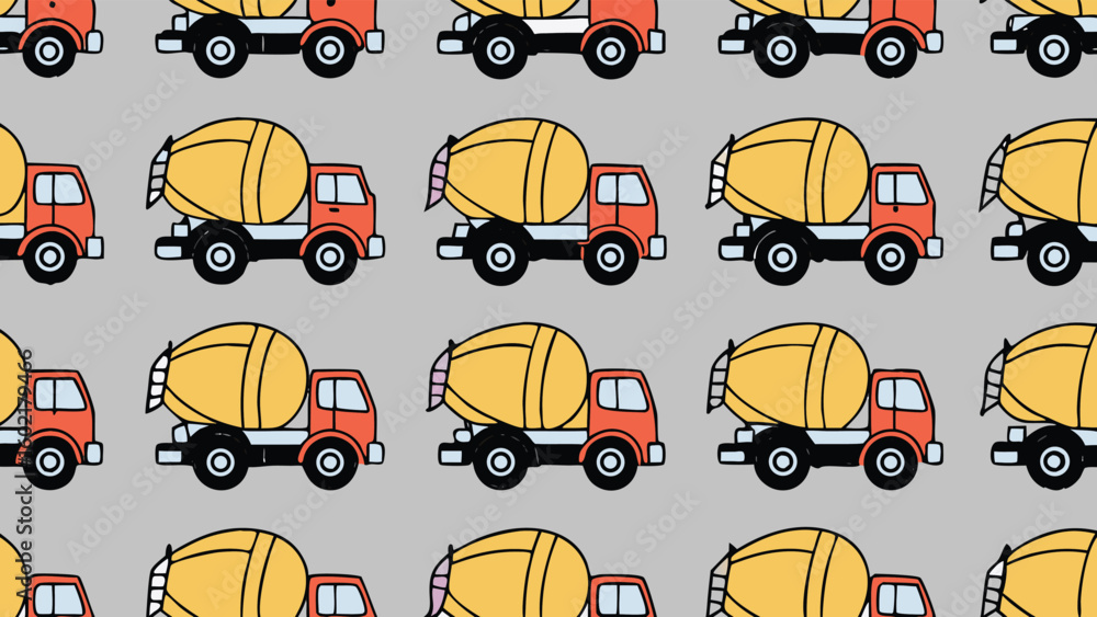 Naklejka premium Seamless pattern of orange cement mixer trucks with yellow drums on a gray background design element
