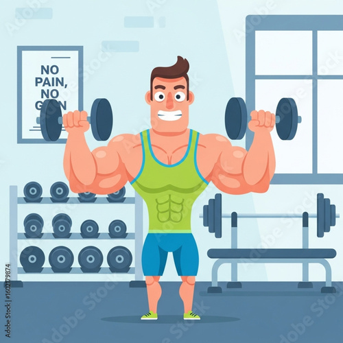 A cartoon illustration of a muscular man exercising with dumbbells in a gym.