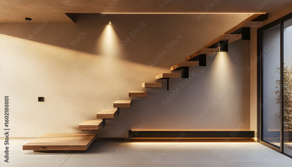Fototapeta premium Simple floating staircase with wooden steps, black metal railings, and recessed lighting for effect.