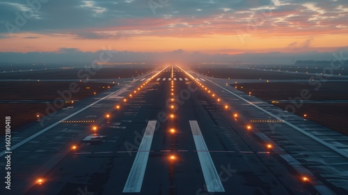Close-up of airport runway with glowing landing lights at dusk, shallow depth of field, motion blur effect, travel and transportation concept.
