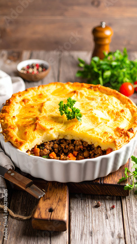 Shepherds Pie with rustic kitchen, and food.