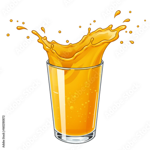 Refreshing orange juice splash in glass, vibrant and tasty drink illustration for healthy lifestyle