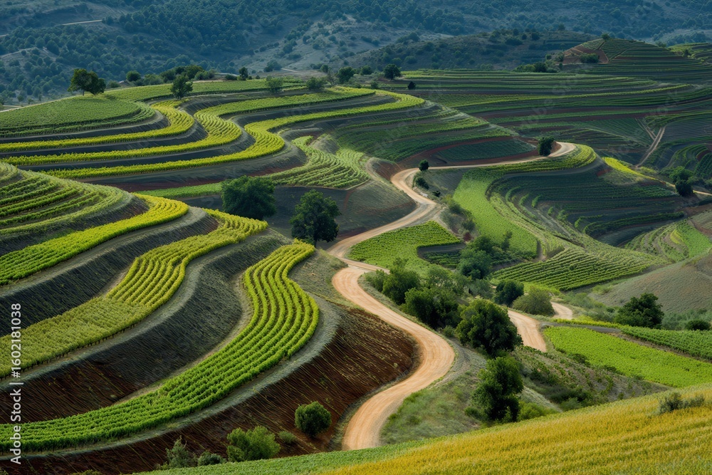 Fototapeta premium Arched vineyard lines in La Rioja Spain create complex farming designs across the terrain