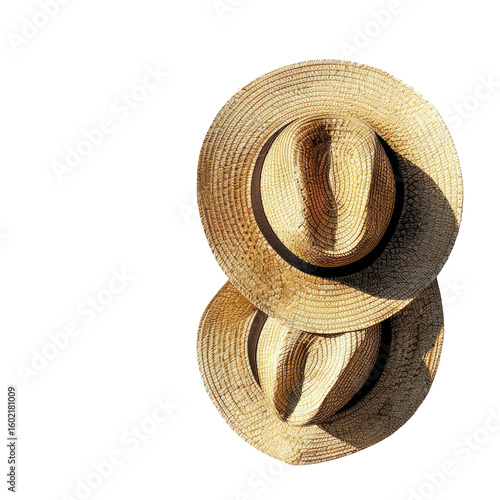 Two straw hats stacked, top view.  Natural light
