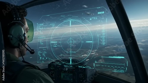 Pilot operating advanced aircraft cockpit with HUD display, flying over scenic landscape at dusk