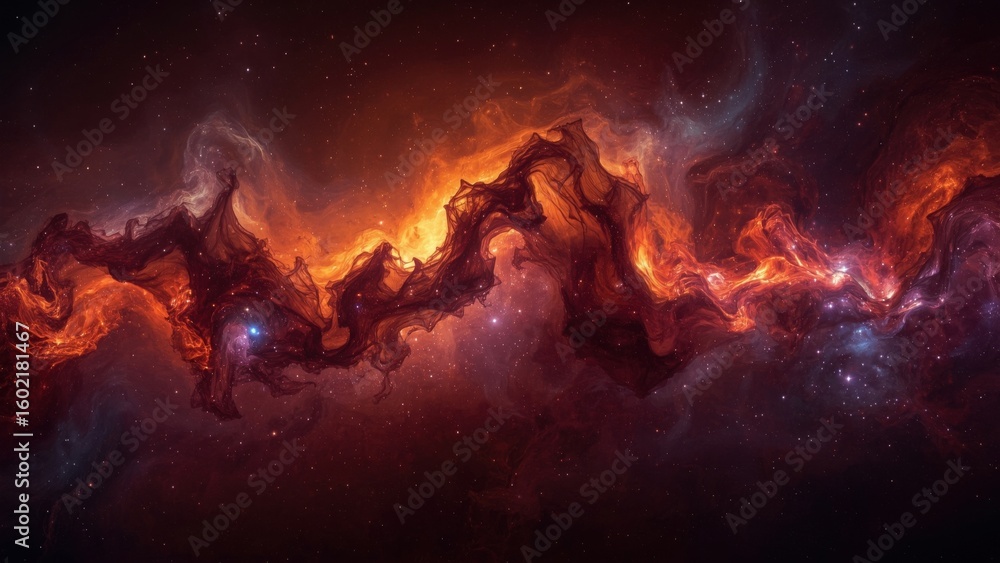 Naklejka premium Fiery cosmic nebula with glowing interstellar gas and distant stars space