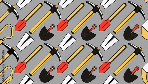 Seamless repeating pattern of mining tools including pickaxes shovels and other digging implements spread out