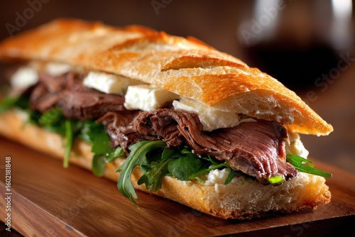 artisan sandwich with roast beef and boursin on ciabatta