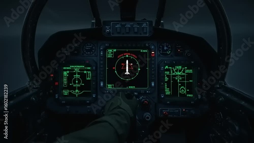 Pilot operating advanced aircraft controls with digital displays in a dimly lit cockpit environment