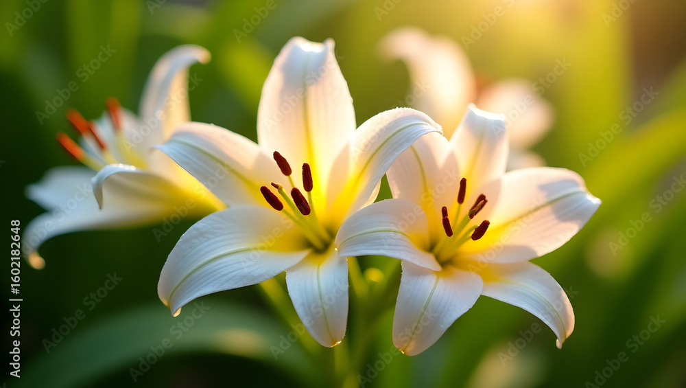 Fototapeta premium White lily flower pair close up with garden bokeh background and natural green leaves photography