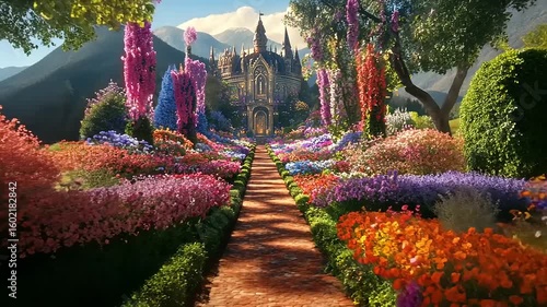 Vibrant floral pathway leading to a majestic castle surrounded by lush mountains and colorful blooms