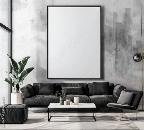 Modern living room interior with a large black framed poster above a black sofa and a coffee table