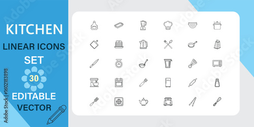 A set of 30 editable vector icons depicting various kitchen utensils, cookware, and food related items. 