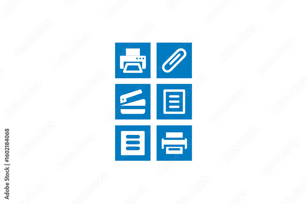 Office Supplies Icon Set in Blue Squares Including Printer Paper Clip Stapler and Document List for Business and Administrative Tasks Office Supplies Icon Set in Blue Squares Including Printer Paper Clip Stapler and Document List for Business and Administrative Tasks