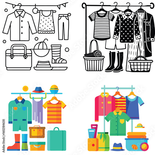 Stylish Clothing and Fashion Apparel Illustrations — Casual & Formal Outfits, Accessories, and Wardrobe Essentials