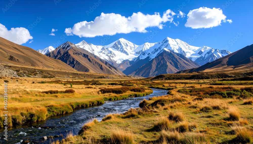 Fototapeta premium Majestic snowcapped mountains with river valley.