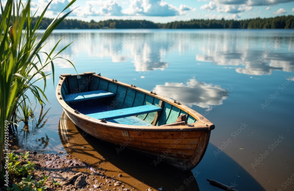 Obraz premium A wooden boat resting on the calm lake shoreline with lush greenery and a clear sky in the background