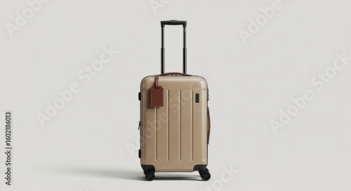 A stylish beige rolling suitcase with a brown leather tag and handle, ready for travel