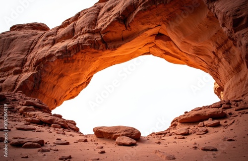 A natural rock formation with a large arch-shaped opening in a desert landscape