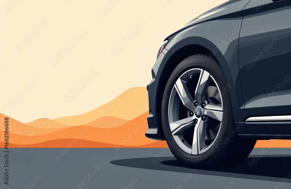 Naklejka premium Close-up of a modern car wheel on a sleek vehicle with a desert landscape background