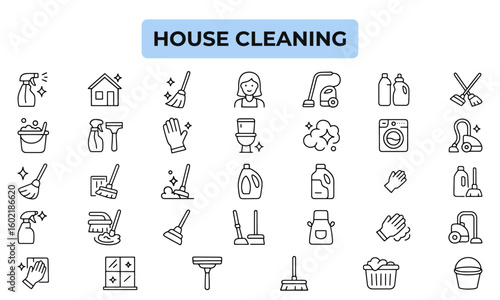 House Cleaning Line Icons Pack – Vector Icons for Maid Services, Janitorial Tools, Disinfection, and Home Hygiene Illustrations