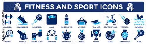 Fitness and sport icons collection. Contains dumbbell, running shoe, smartwatch, stationary bike, swimming, boxing glove icons. Simple flat vector illustration.