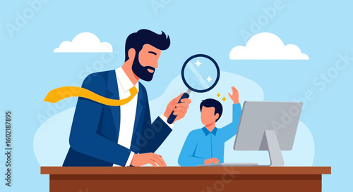 Vector Flat Design Illustration of a Large Businessman Examining a Smaller Office Worker with a Magnifying Glass on a Wooden Desk Under a Light Blue Sky