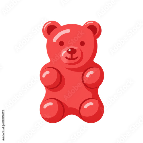 A vibrant red gummy bear toy standing upright against a plain background, ideal for playful imagery
