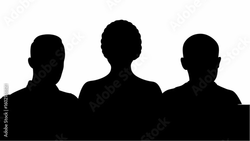 Silhouette of three people in a row with the middle person having curly hair against a white background