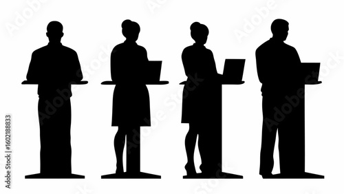 Four silhouettes of people standing at podiums with laptops in a monochrome black and white design