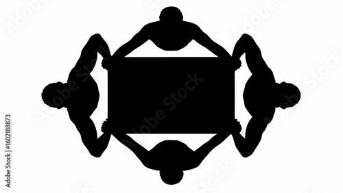 Silhouette illustration of four people holding up a rectangular shape from above in black and white color