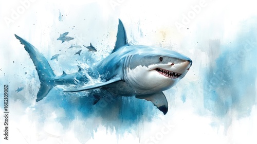 In shadowy depths, shark with menacing force glides, scattering smaller fish in its wake.