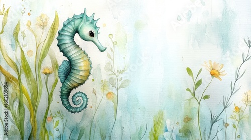 Tiny seahorse with watercolor texture attached to seaweed, hidden within the underwater plants, gently moving with the waves.