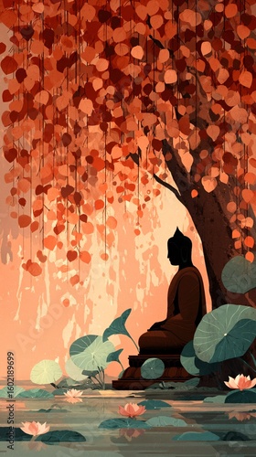 Serene Buddha Meditation Under Vibrant Autumn Leaves in Nature