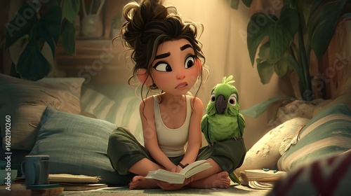 Young woman reading book at home with green parrot on shoulder