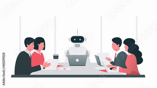 A robot sits at a conference table with people looking at laptops and papers in a bright office room
