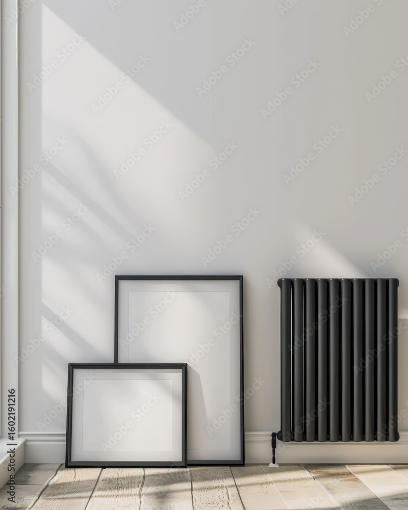 Obraz premium Two empty black frames leaning against a white wall with sunlight streaming through a window