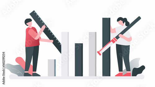 People measuring and adjusting bar graph with ruler and level for business presentation design concept