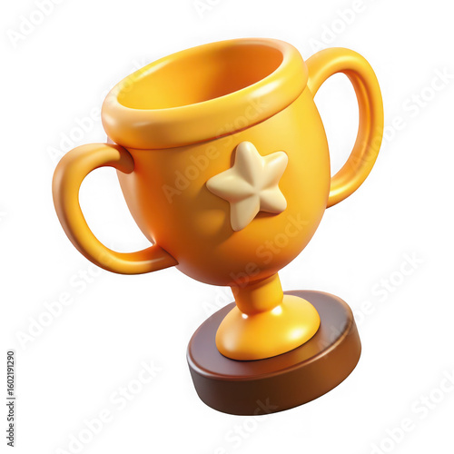 Golden trophy with star emblem on dark background 3d render award winner