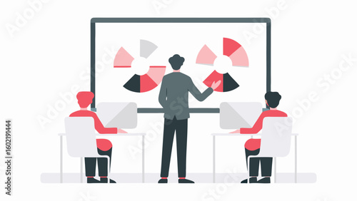A presenter explaining pie charts on a screen with two attendees at desks in a presentation room