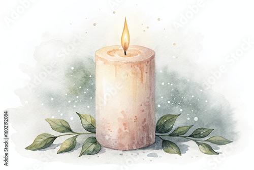 Watercolor clipart of a lit pillar candle surrounded by green leaves in a serene setting