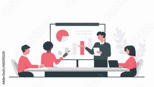 A man presents a graph to a group of people sitting around a table in a business meeting room