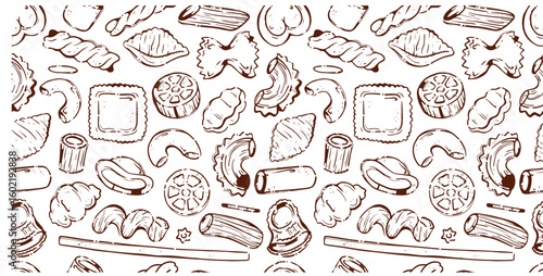 Big collection italian pasta. Different types of uncooked pasta for backgrounds, menu, stickers, cafe, restaurant, bar, shop. Seamless pattern of Italian cuisine staples. Vector hand drawn style illus