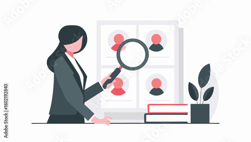 Woman in suit holding magnifying glass over profile icons on a board with books and a plant nearby